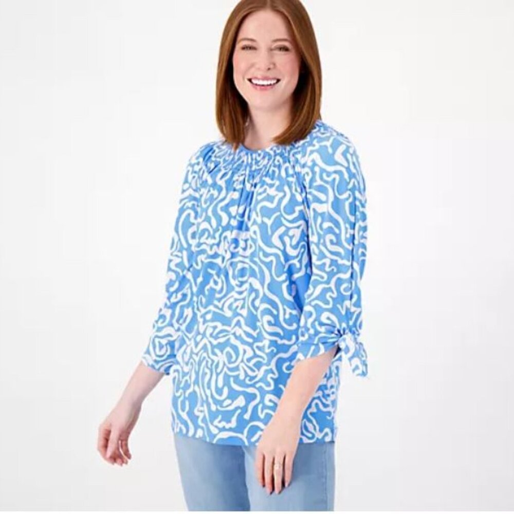 Susan Graver Printed Liquid Knit Smock-Neck 3/4-Sleeve Top with Tie Detail-Small